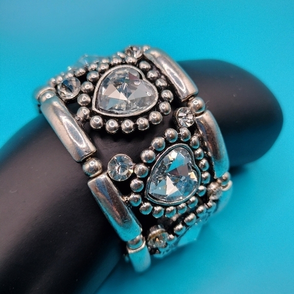 Set of 2 Silver Tone Link Stretchy Bracelets Mix Abstract Pattern - Picture 5 of 8